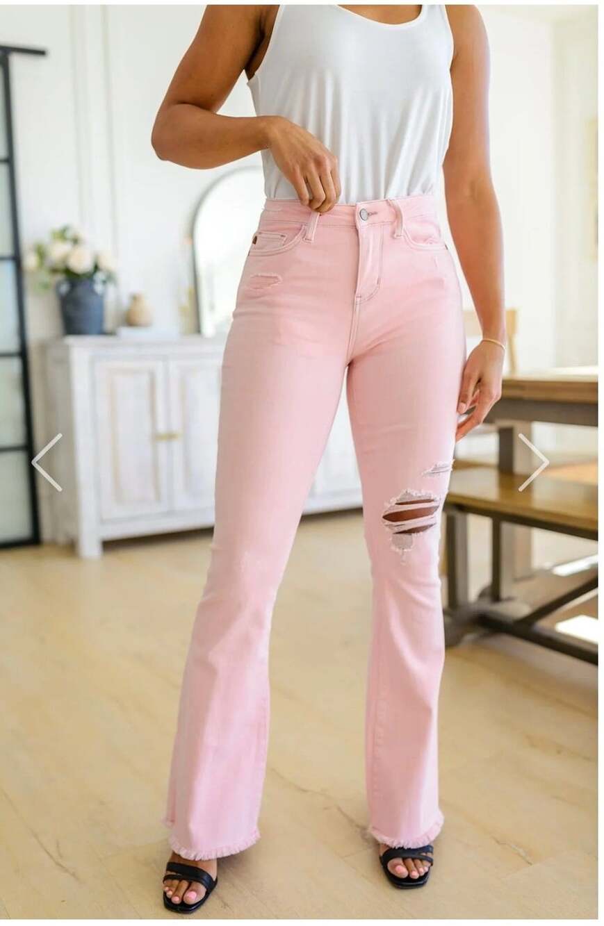 Judy Blue Mid Rise Distressed Flare Jeans in Pink Style JB88595